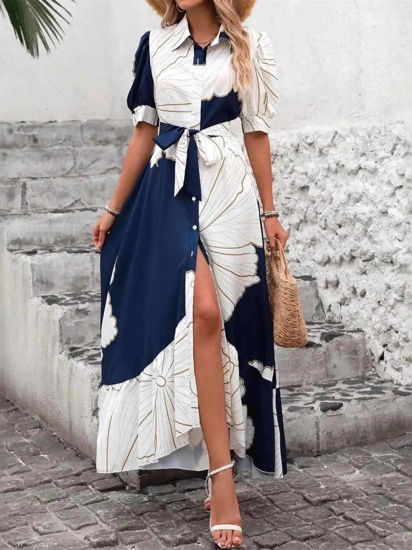 Printed Button Down Half Sleeve Maxi Shirt Dress