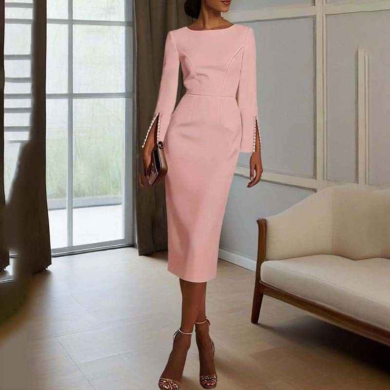 Women's Elegant Pearl Accent Bodycon Midi Dress With Sleeve Split & Back Zipper, Formal Cocktail Party Club Dress