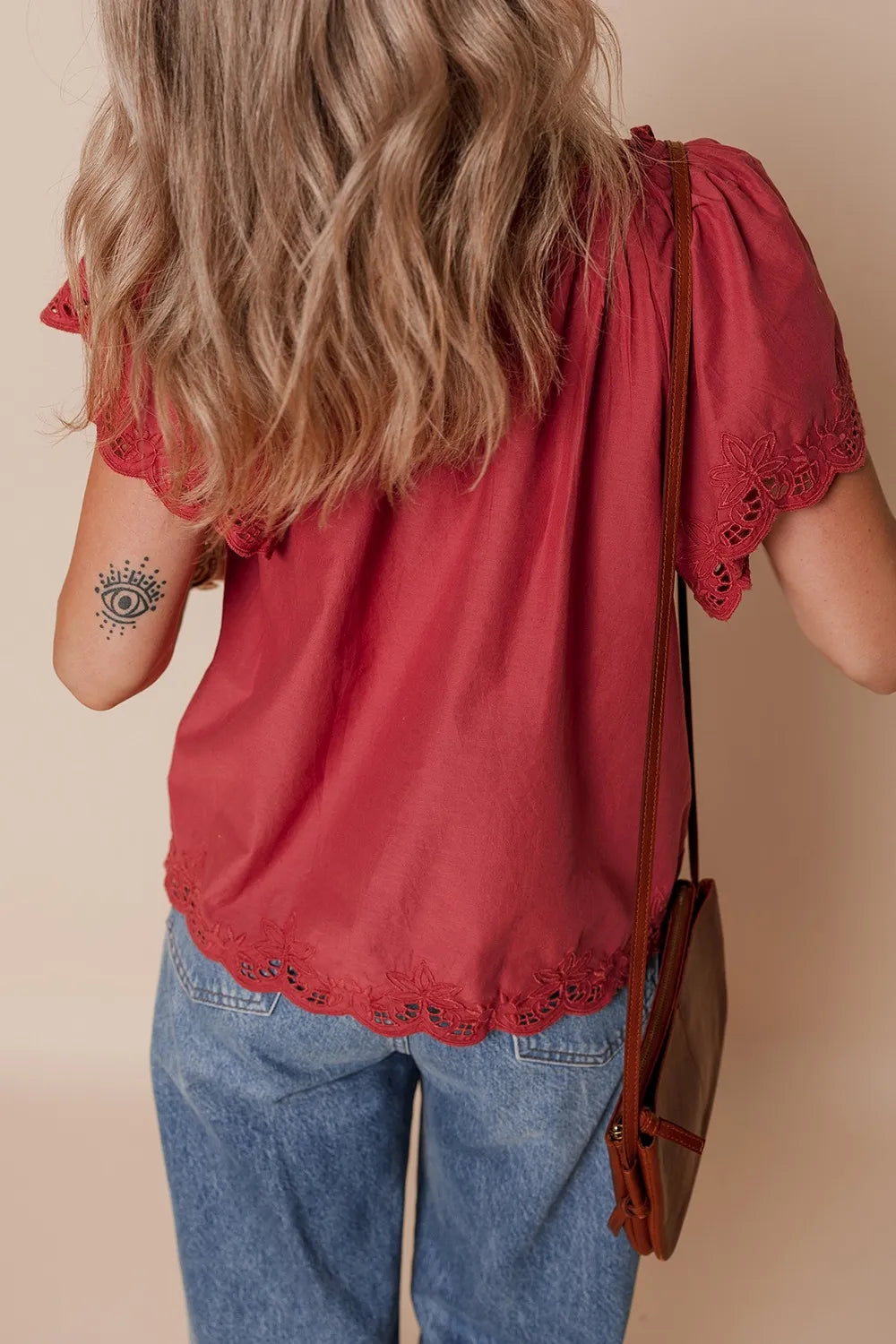 Floral Embroidered Scallop Trim Short Sleeve Notched Blouse - The Eggy's store