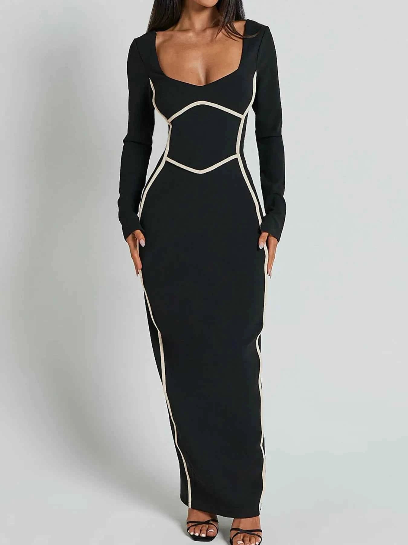 Contrast Trim Long Sleeve Bodycon Maxi Dress