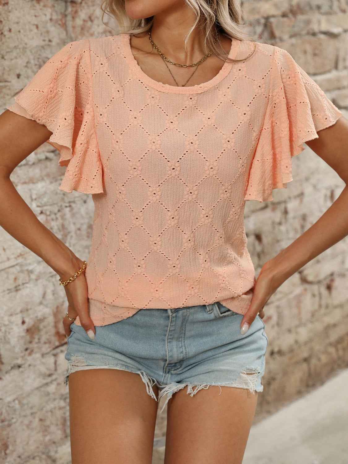 Eyelet Round Neck Flutter Sleeve Top