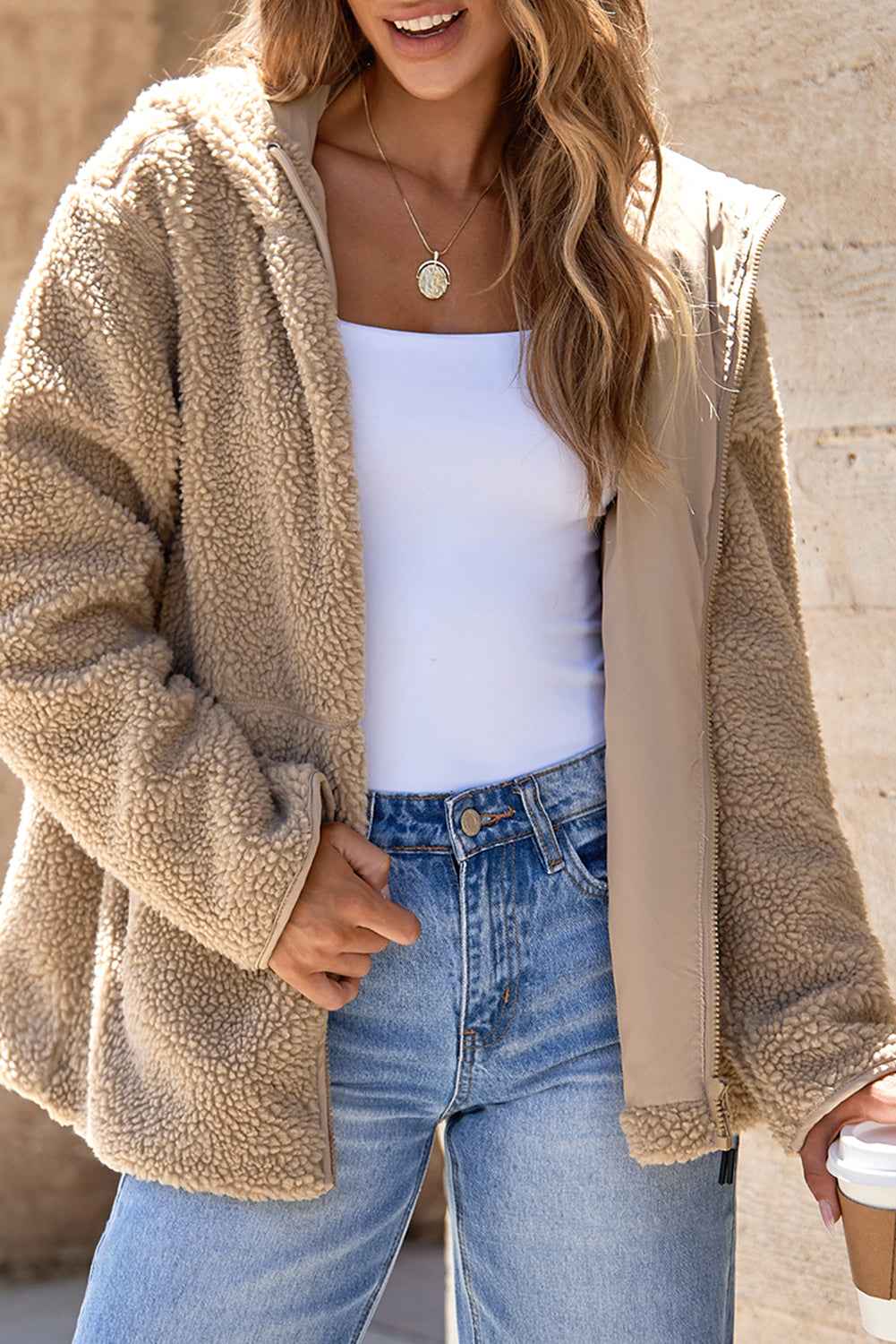 Solid Fleece Zip-Up Drawstring Pocketed Hooded Jacket