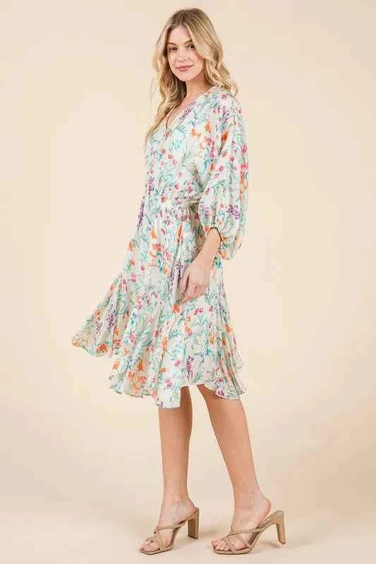 Lime 'N' Chili Floral Cinched Waist Balloon Sleeve V-Neck Dress