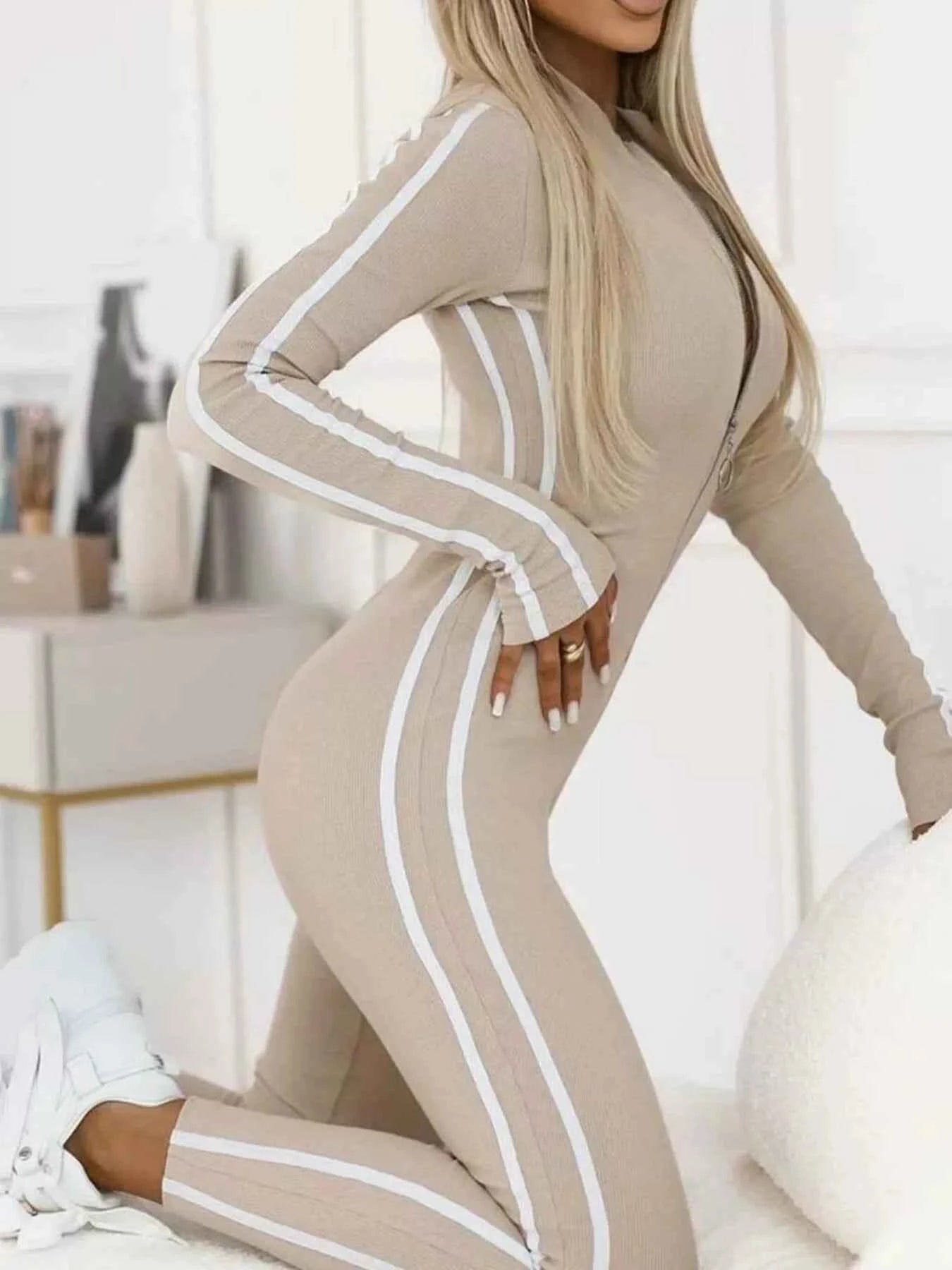 Full Size Stripe Zip-Front Long Sleeve Jumpsuit Plus Size