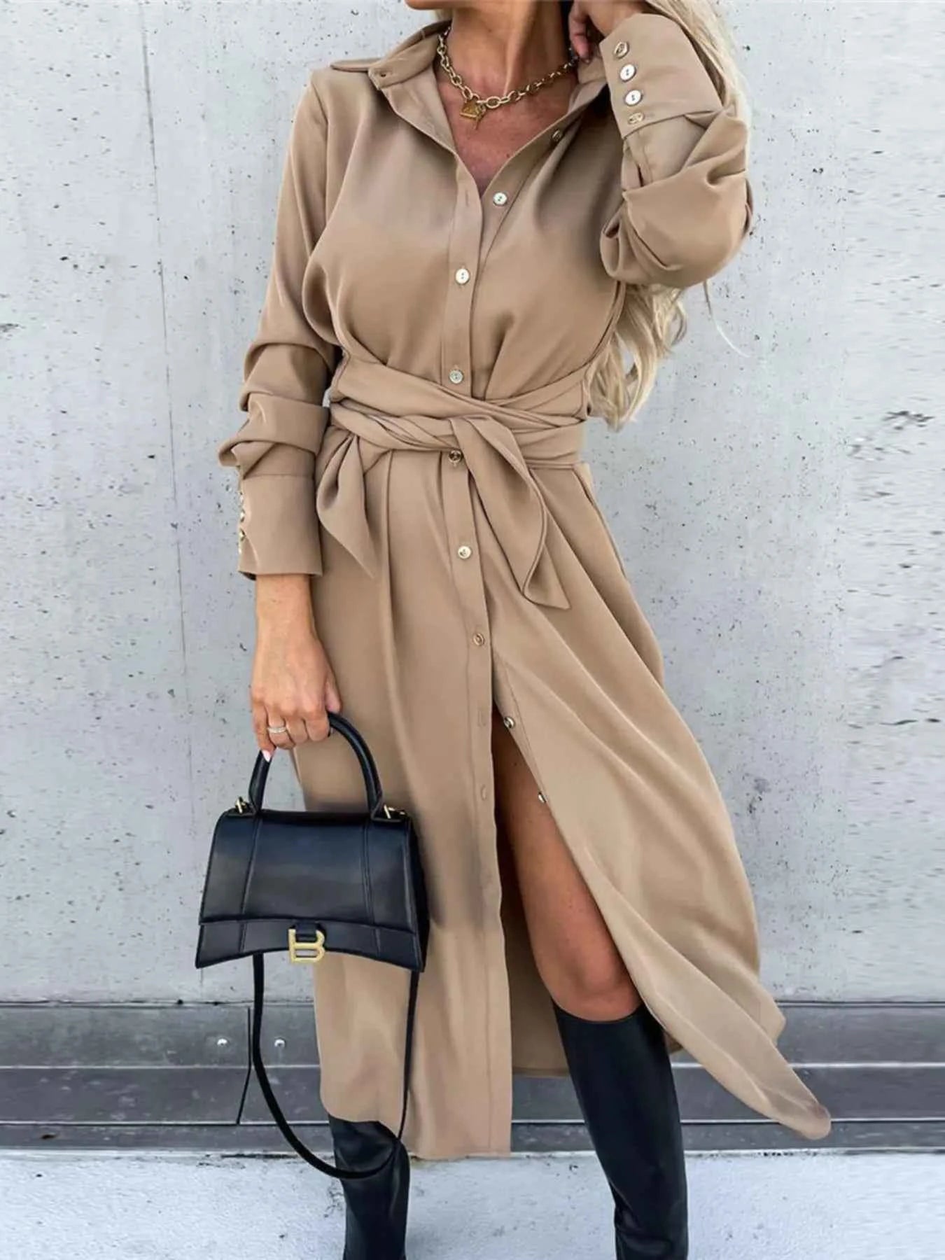 Button Front Long Sleeve Shirt Dress