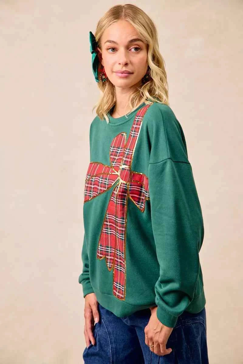 BiBi Plaid Ribbon Bow Detail Christmas Fleece Women's Sweatshirt