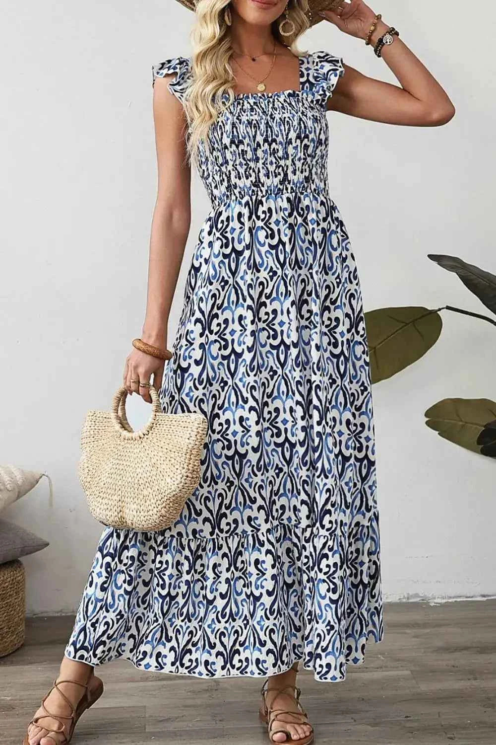 Smocked Printed Square Neck Boho Tiered Midi Dress