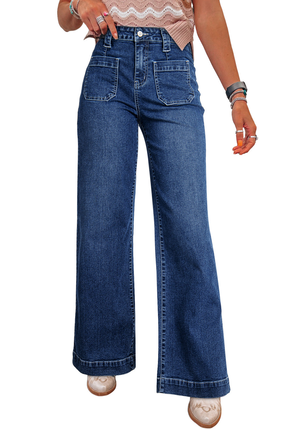 Sail Blue Wide Leg Pocketed High Waist Women's Jeans - The Eggy's store