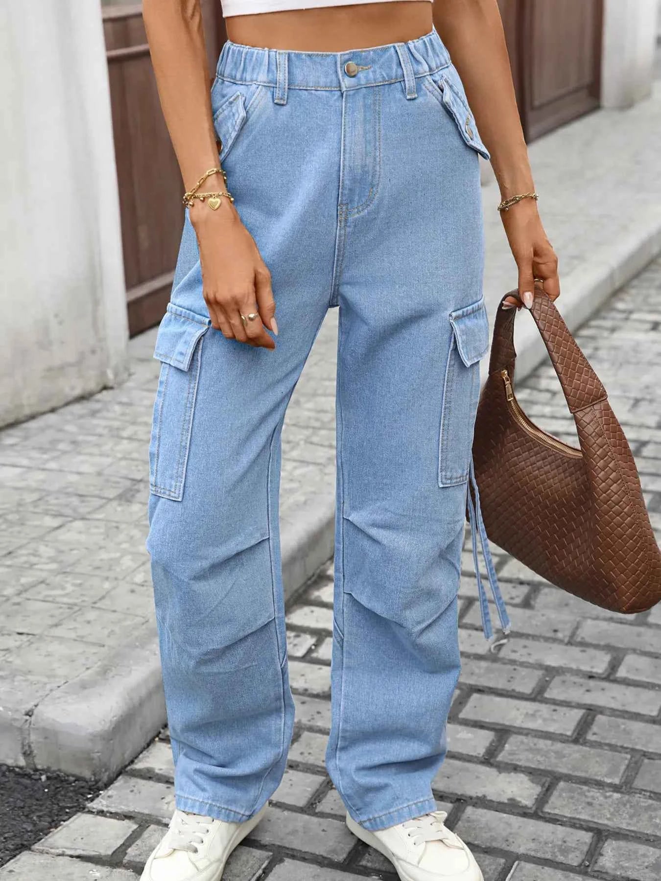 High Waisted Cargo Pocket Jeans