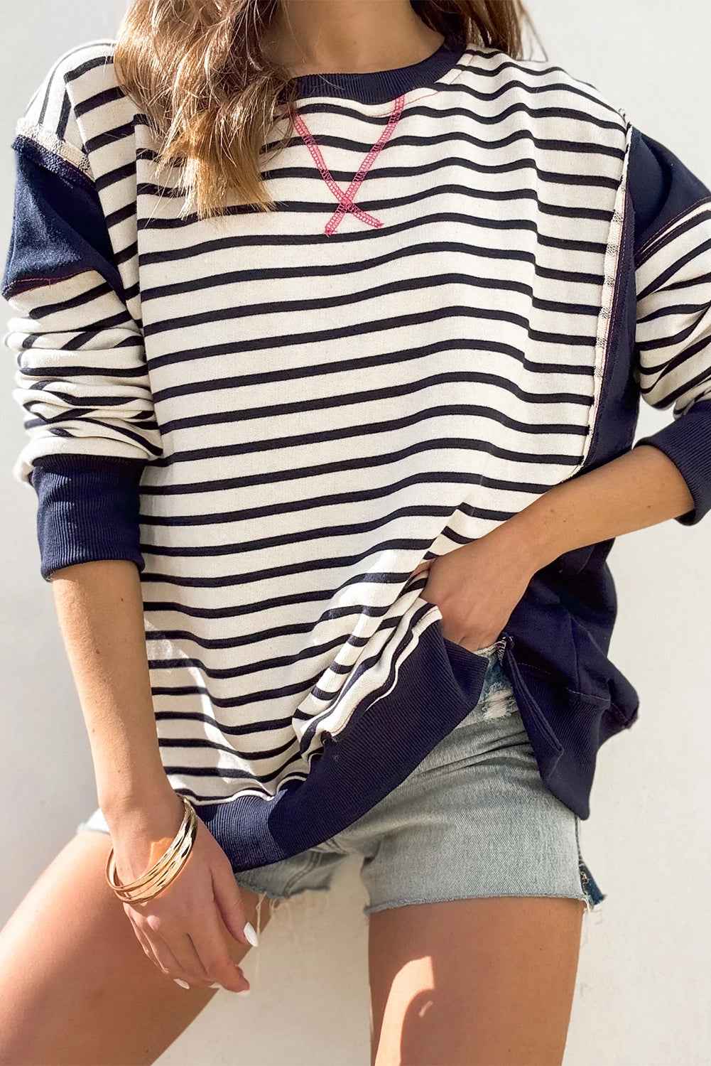 White Stripe Patchwork Exposed Seam Loose Fit Sweatshirt