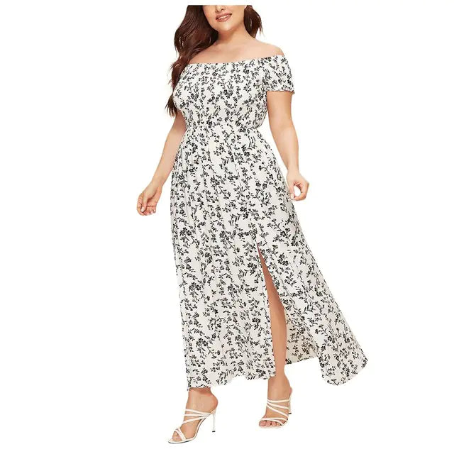 Plus Size Floral Print Off-Shoulder Dress