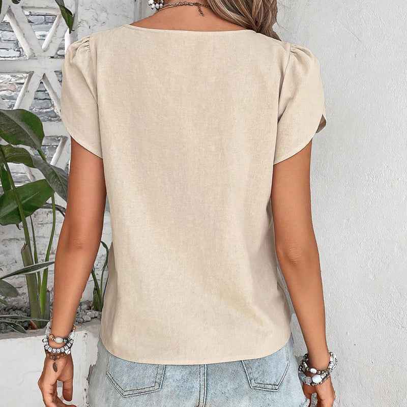 Women's Casual Petal Sleeve Asymmetrical V Neck Work Shirts Blouse Tops