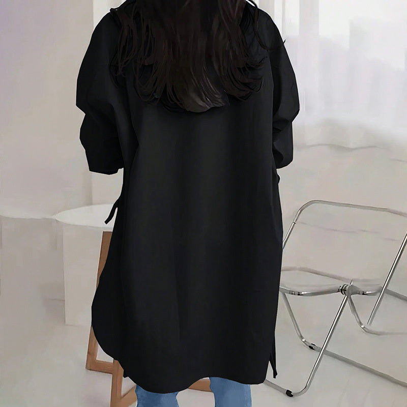 Women's Casual Loose-Fit Long Sleeve Shirt - Side Slit Tie Detail Button-Down Blouse, Solid Color Top - The Eggy's store