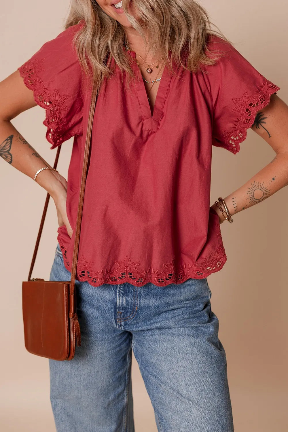 Floral Embroidered Scallop Trim Short Sleeve Notched Blouse - The Eggy's store