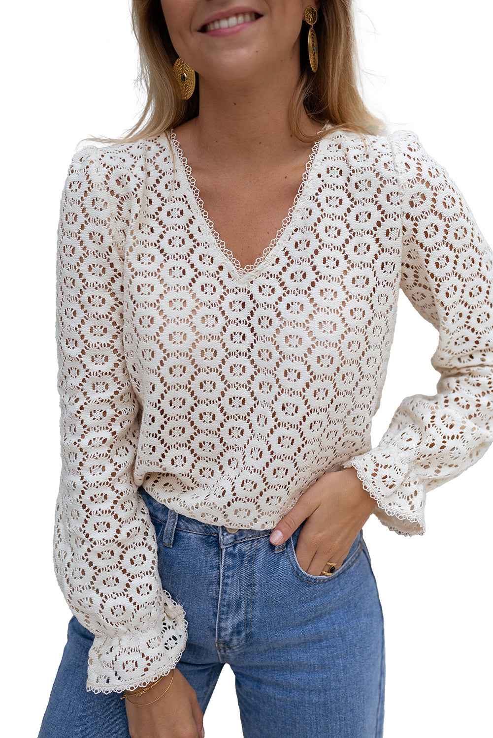 Beige Flower Lace V Neck Puff Sleeve Blouse For Women