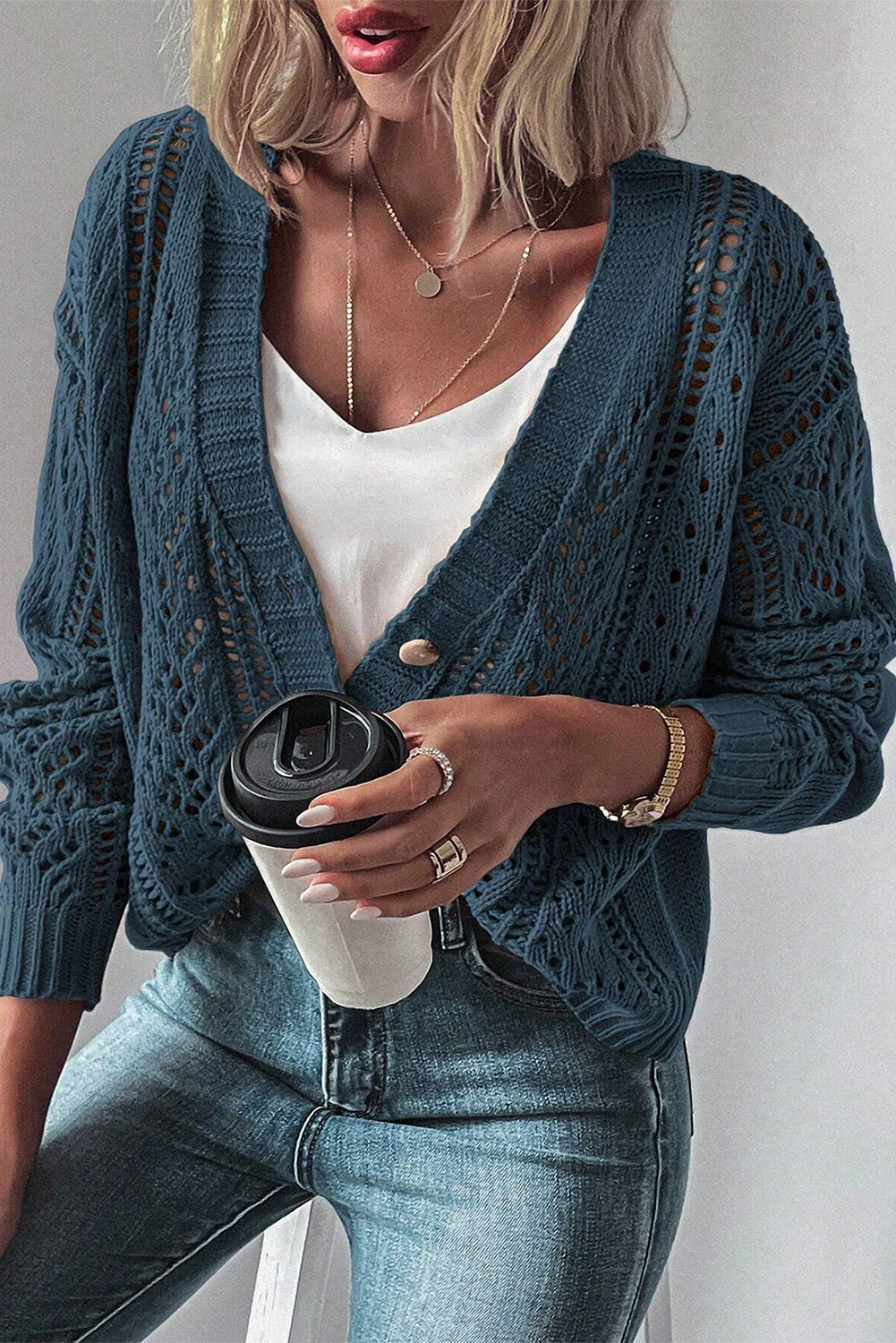 Dark Khaki Hollow Knit Drop Shoulder Cardigan - The Eggy's store