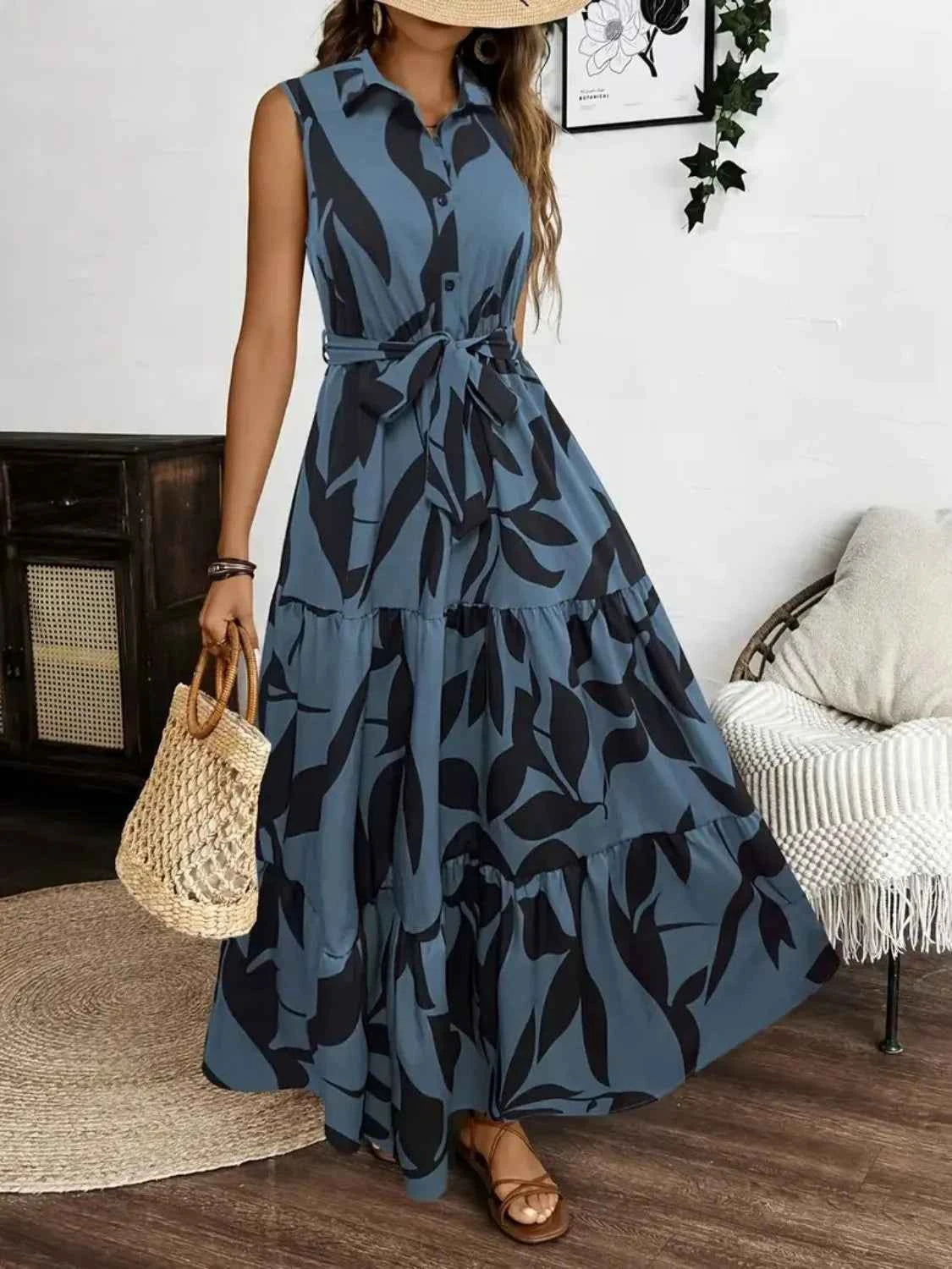 Printed Tie Waist Sleeveless Maxi Dress