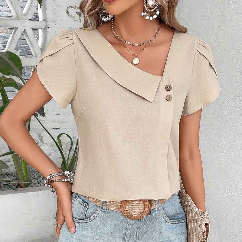 Women's Casual Petal Sleeve Asymmetrical V Neck Work Shirts Blouse Tops