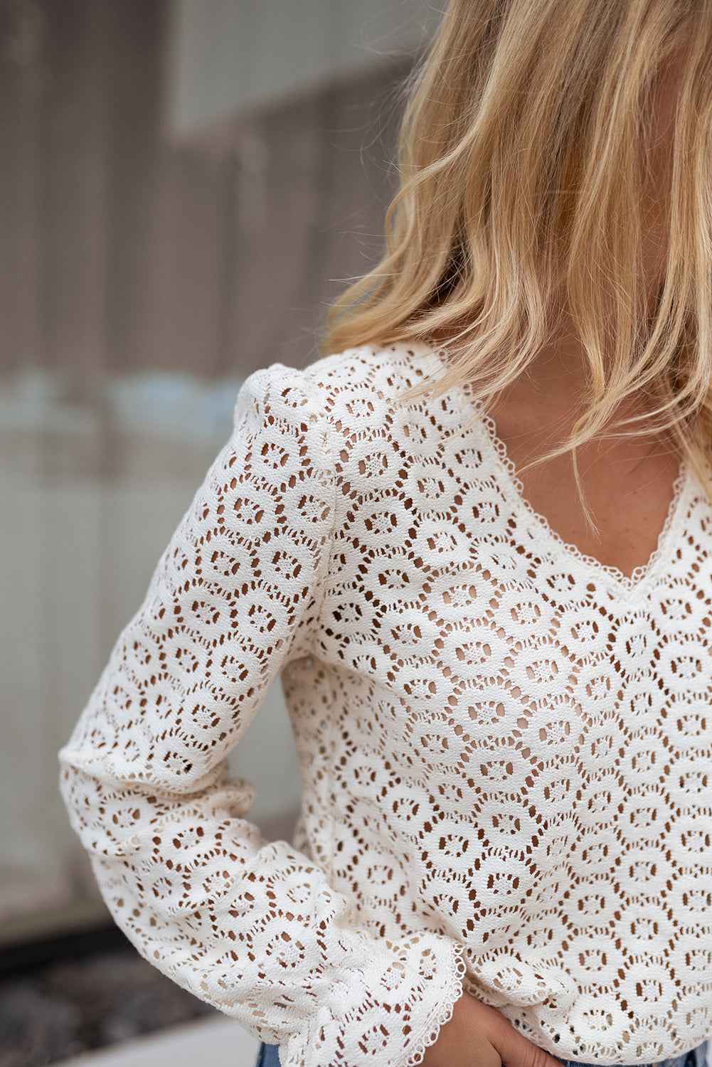 Beige Flower Lace V Neck Puff Sleeve Blouse For Women