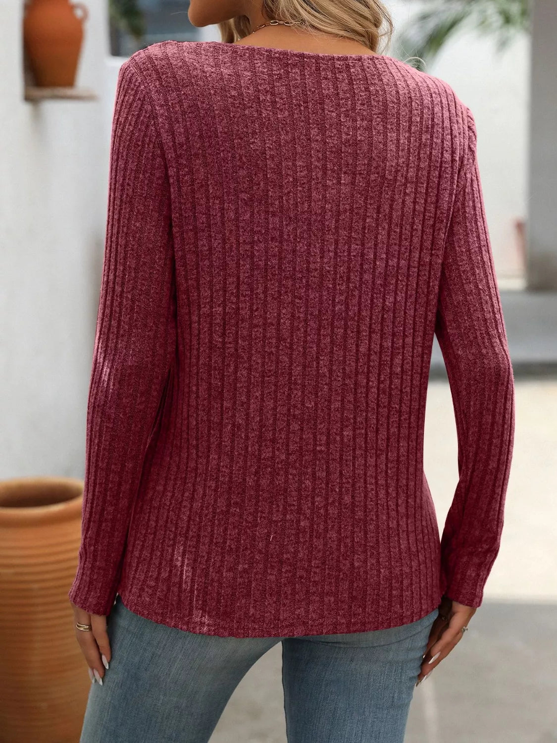 Ribbed Knit Long Sleeve Button Detail Sweater