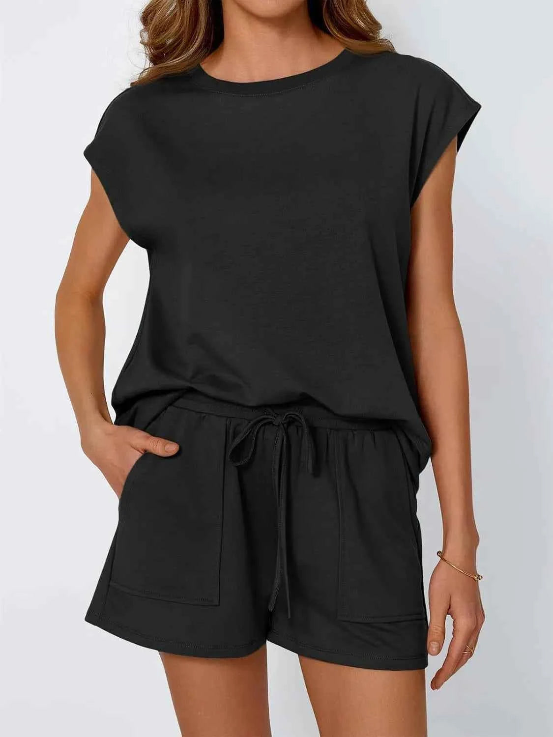 Round Neck Cap Sleeve Top and Shorts Set