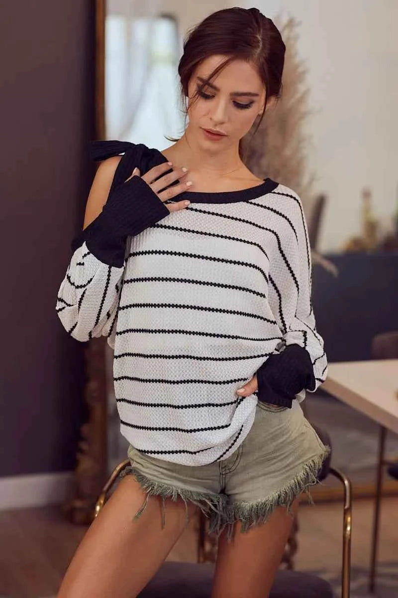 BiBi Stripe Yarn Dye Waffle One Shoulder Ribbon Detail Top