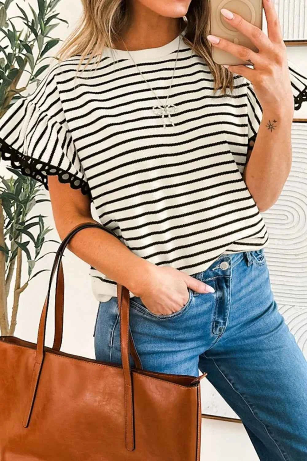 Striped Round Neck Ruffle Sleeve Blouse