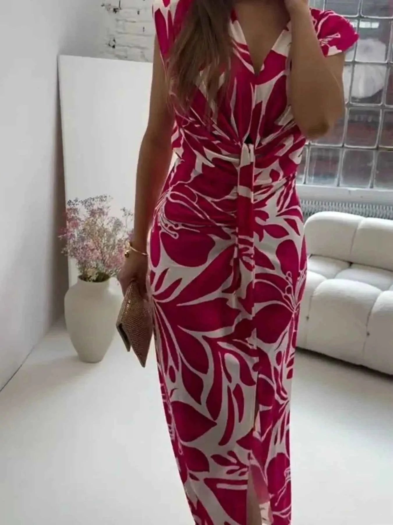 Full Size Slit Printed V-Neck Midi Dress Plus Size