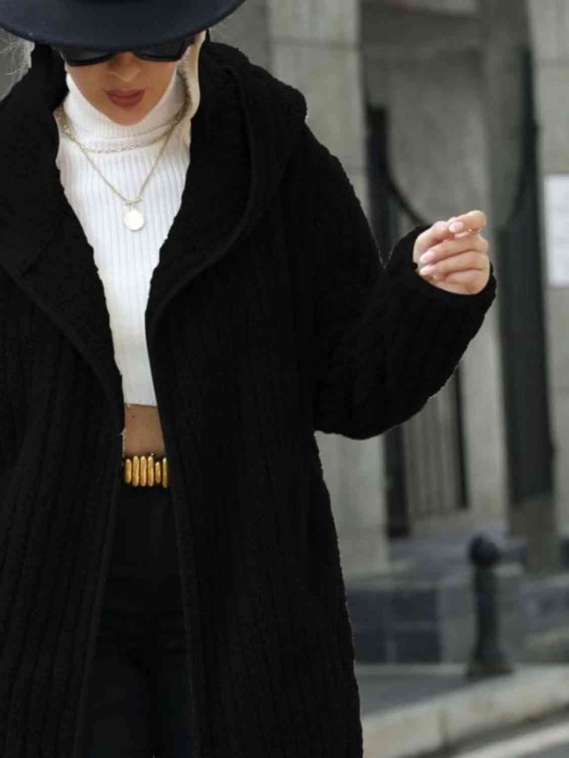 Women Open Front Ribbed Hooded Coat