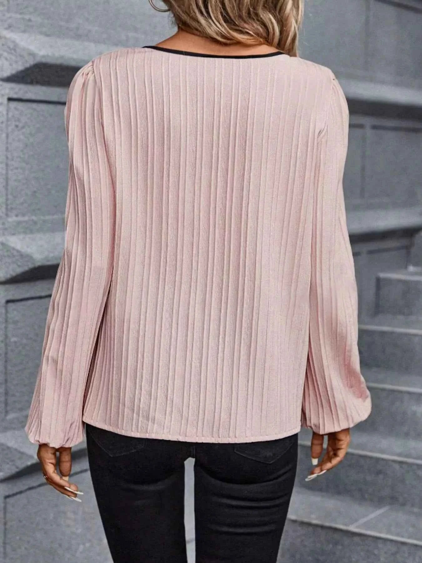 Textured Notched Long Sleeve Blouse