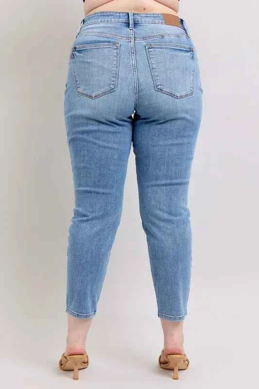 Judy Blue Full Size Mid Rise Vintage Wash Slim Jeans with Cell Phone Pocket Plus Size