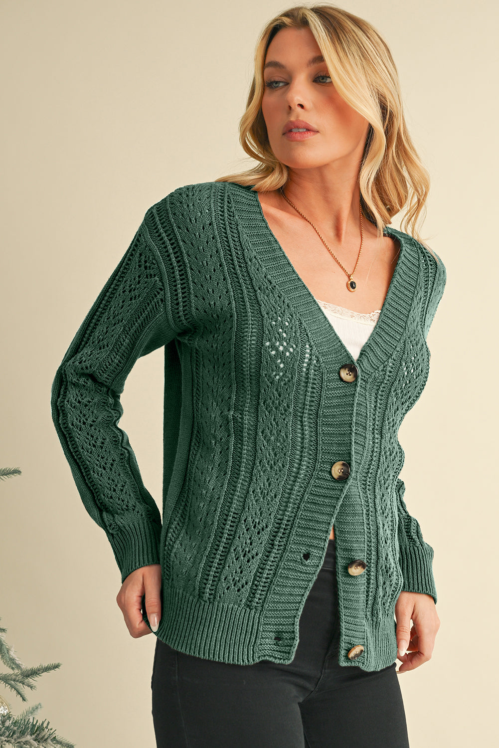 Dark Khaki Hollow Knit Drop Shoulder Cardigan - The Eggy's store