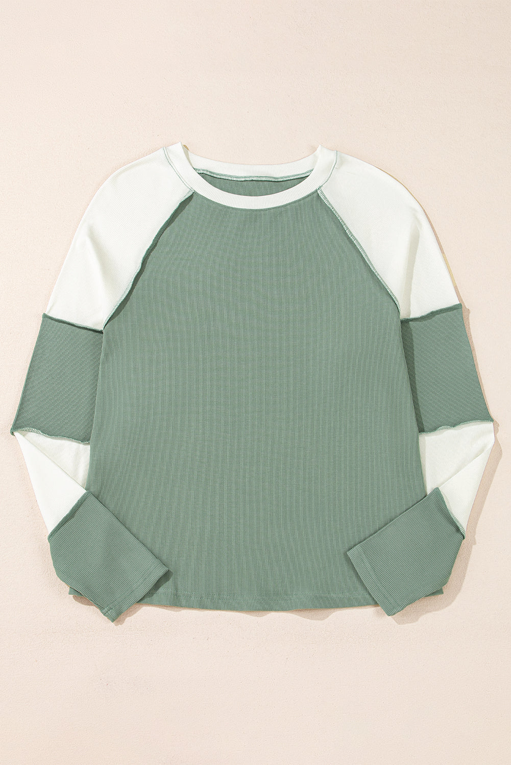 Mint Green Ribbed Colorblock Patchwork Raglan Long Sleeve Women's Top - The Eggy's store