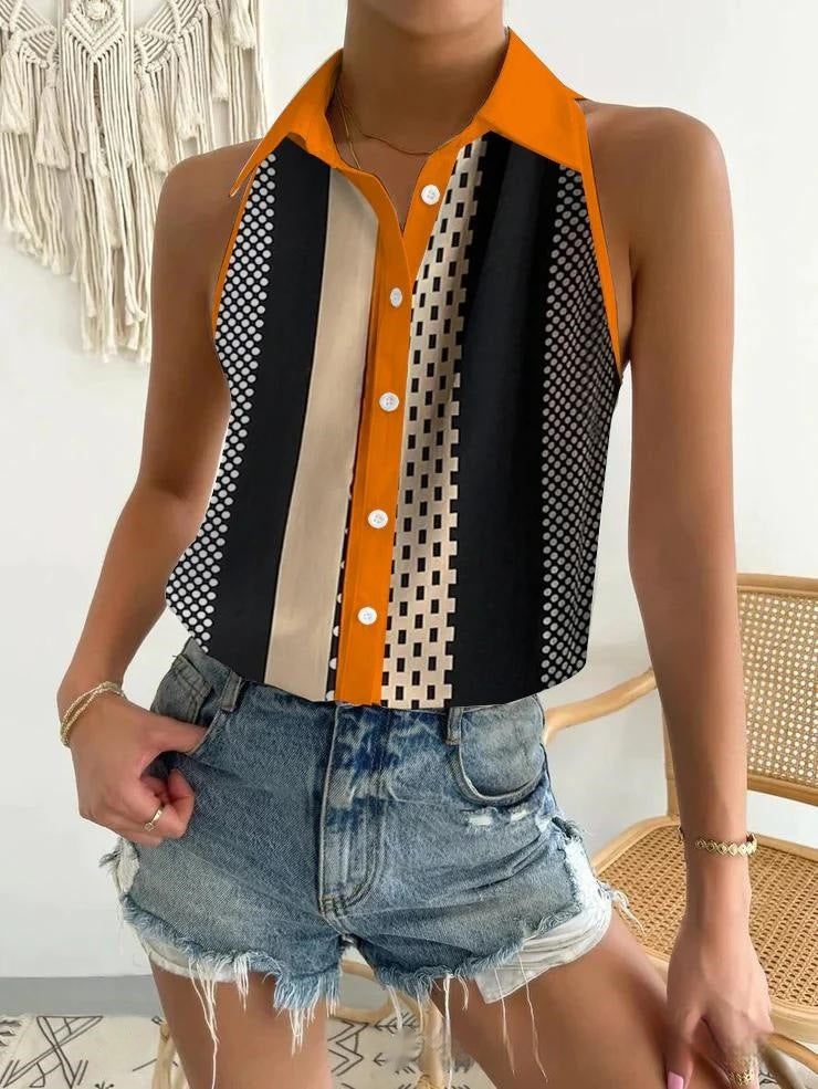 Fold Collar Sleeveless with Collar Women's Blouse - The Eggy's store