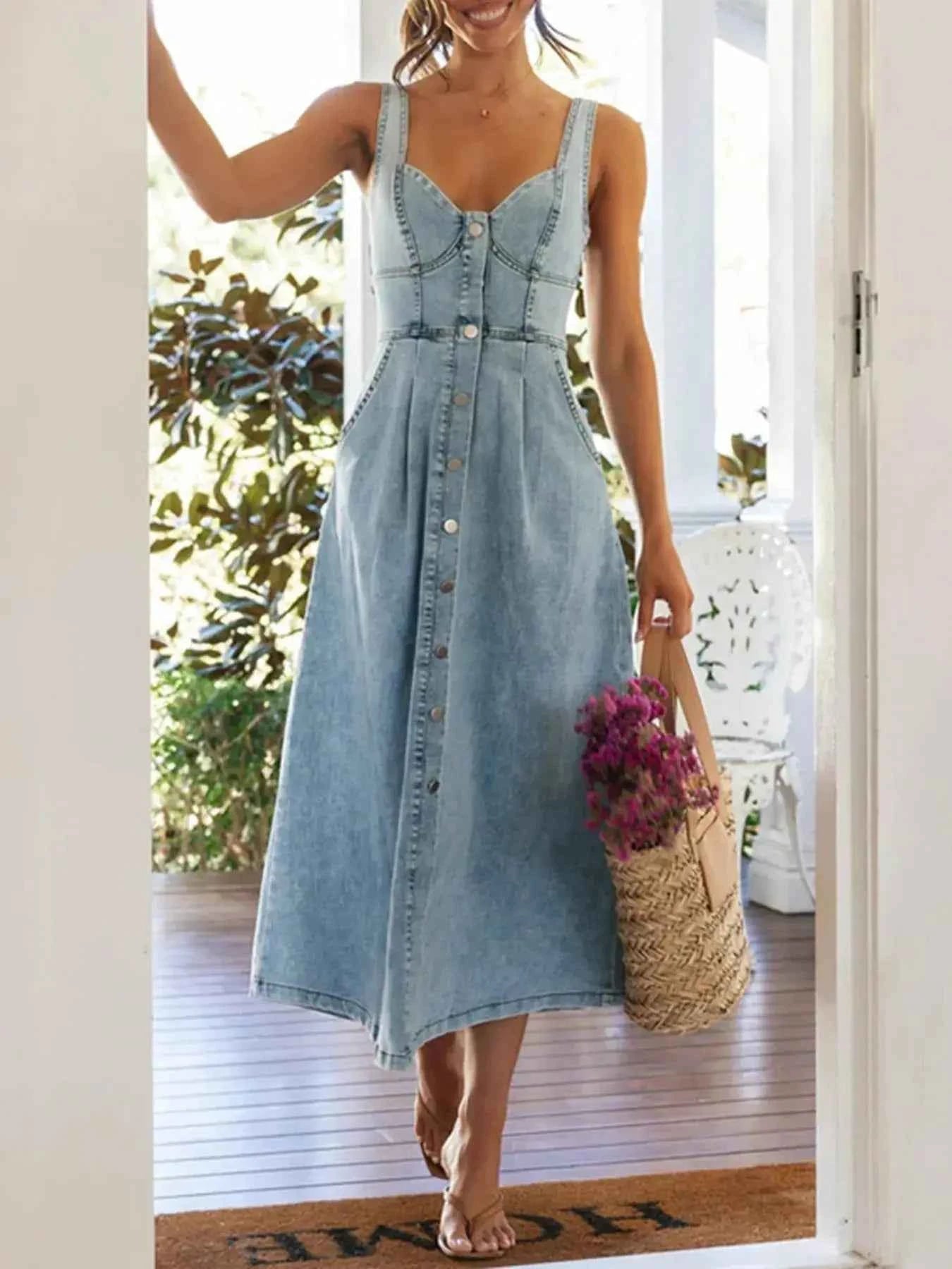Sweetheart Neck Button-Front Pocketed Denim Midi Dress