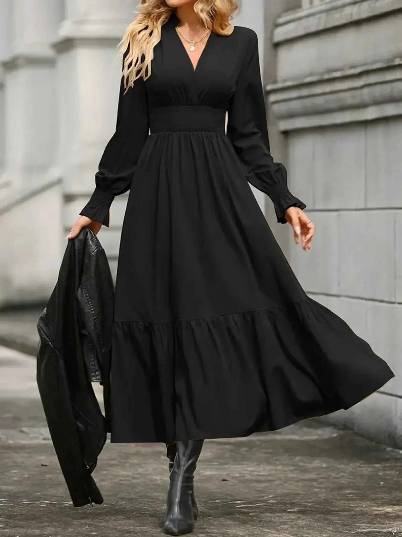 Notched Long Sleeve Tiered Dress