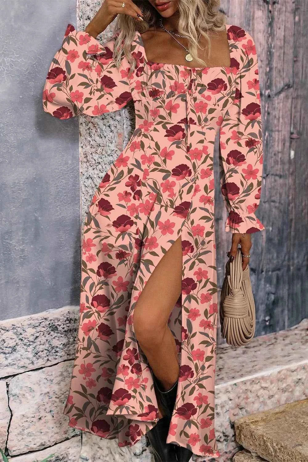 Floral Print Flounce Sleeve Midi Dress