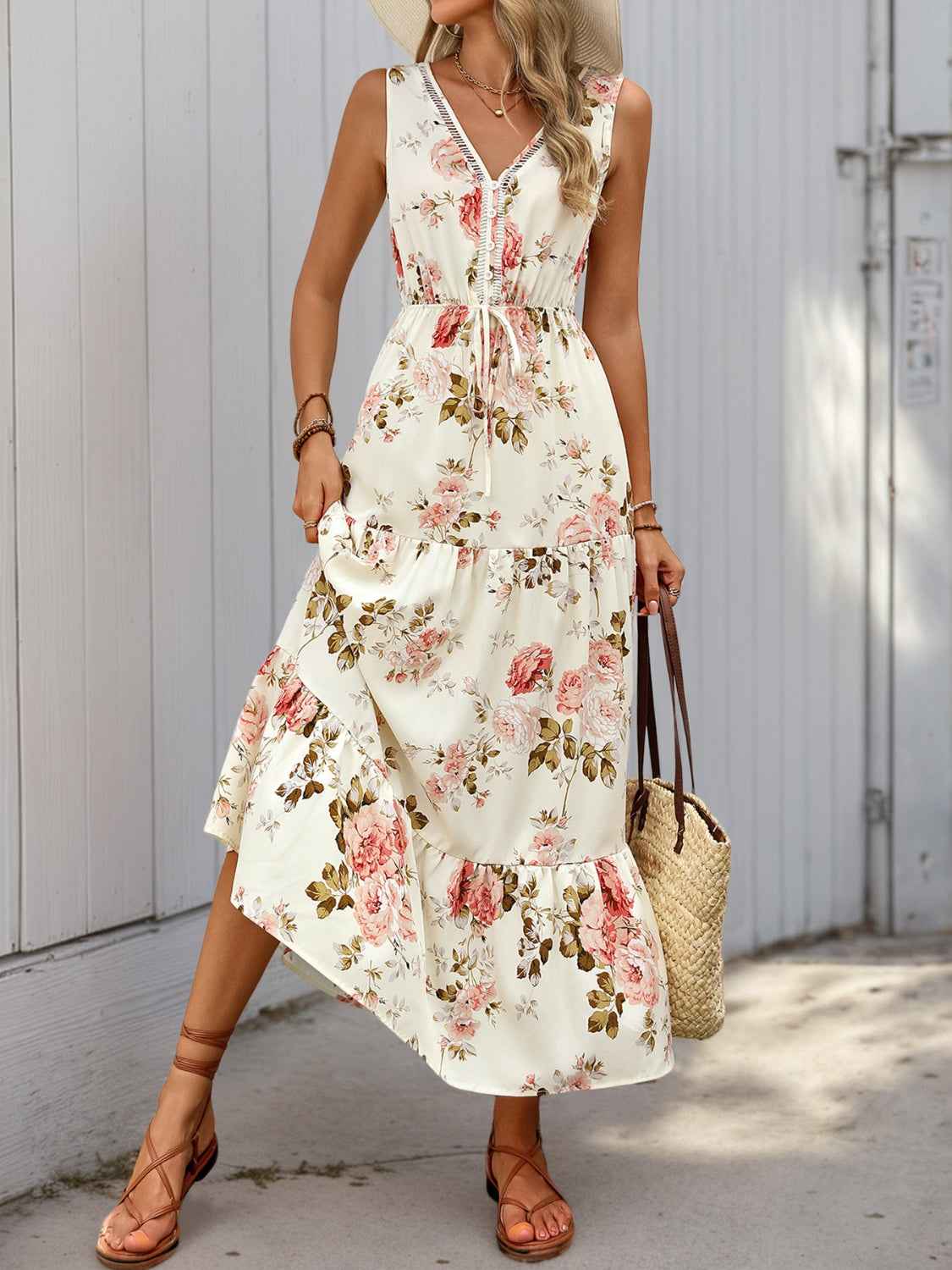 Printed Ruffled Hem V-Neck Sleeveless Dress