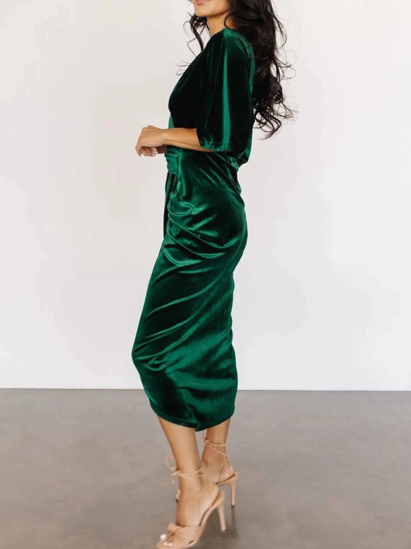 Ruched Surplice Half Sleeve Dress