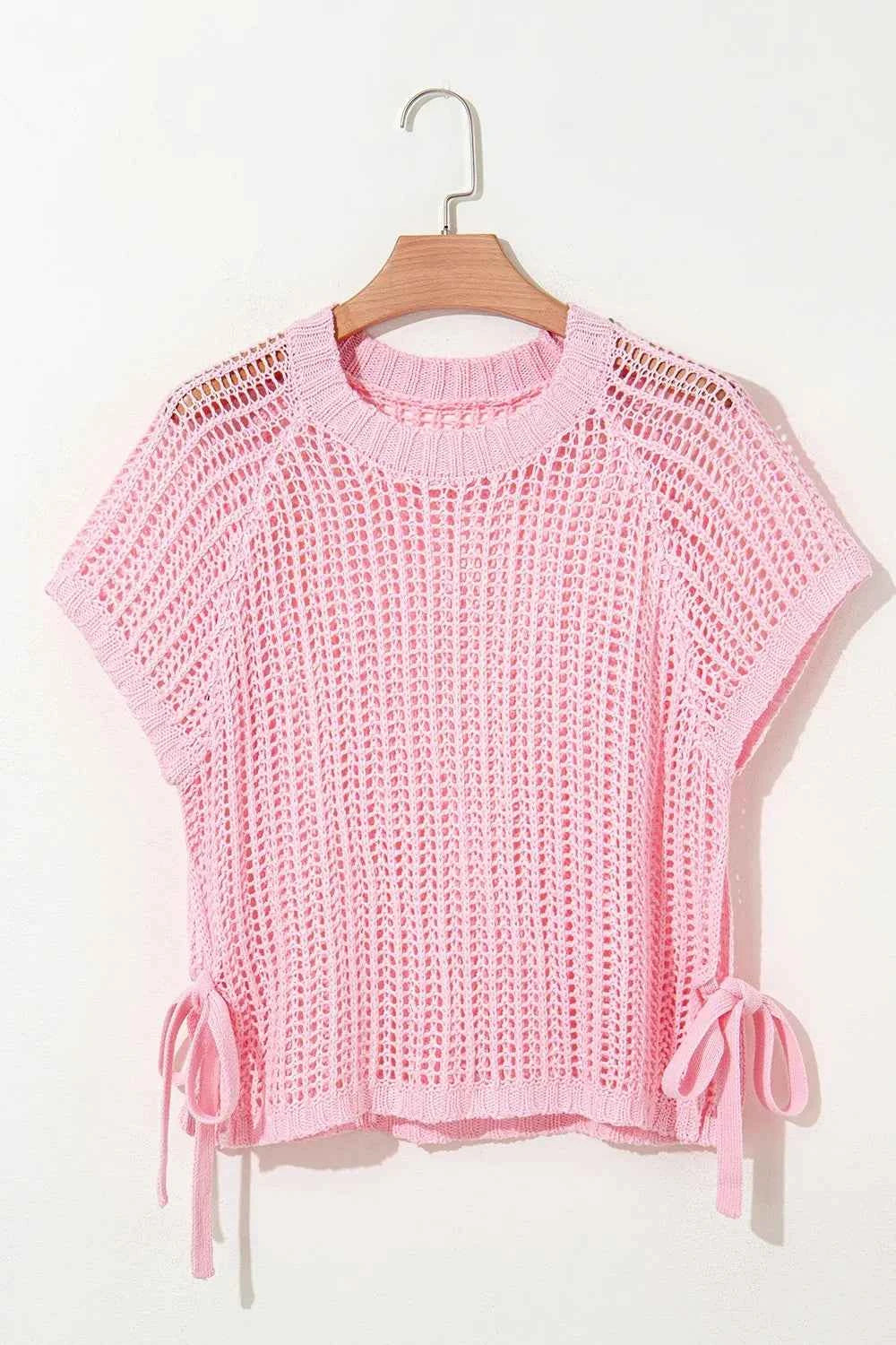 Hollow-out Crochet Side Tied Short Sleeve Knit Cover Up