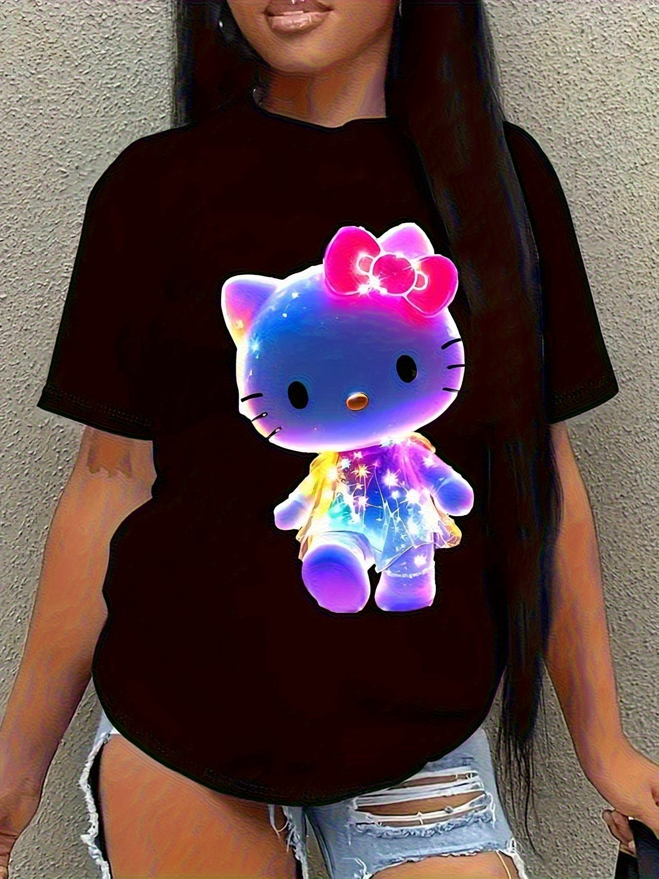 Cute Hello Kitty Neon Glow Graphic Women's T-shirt