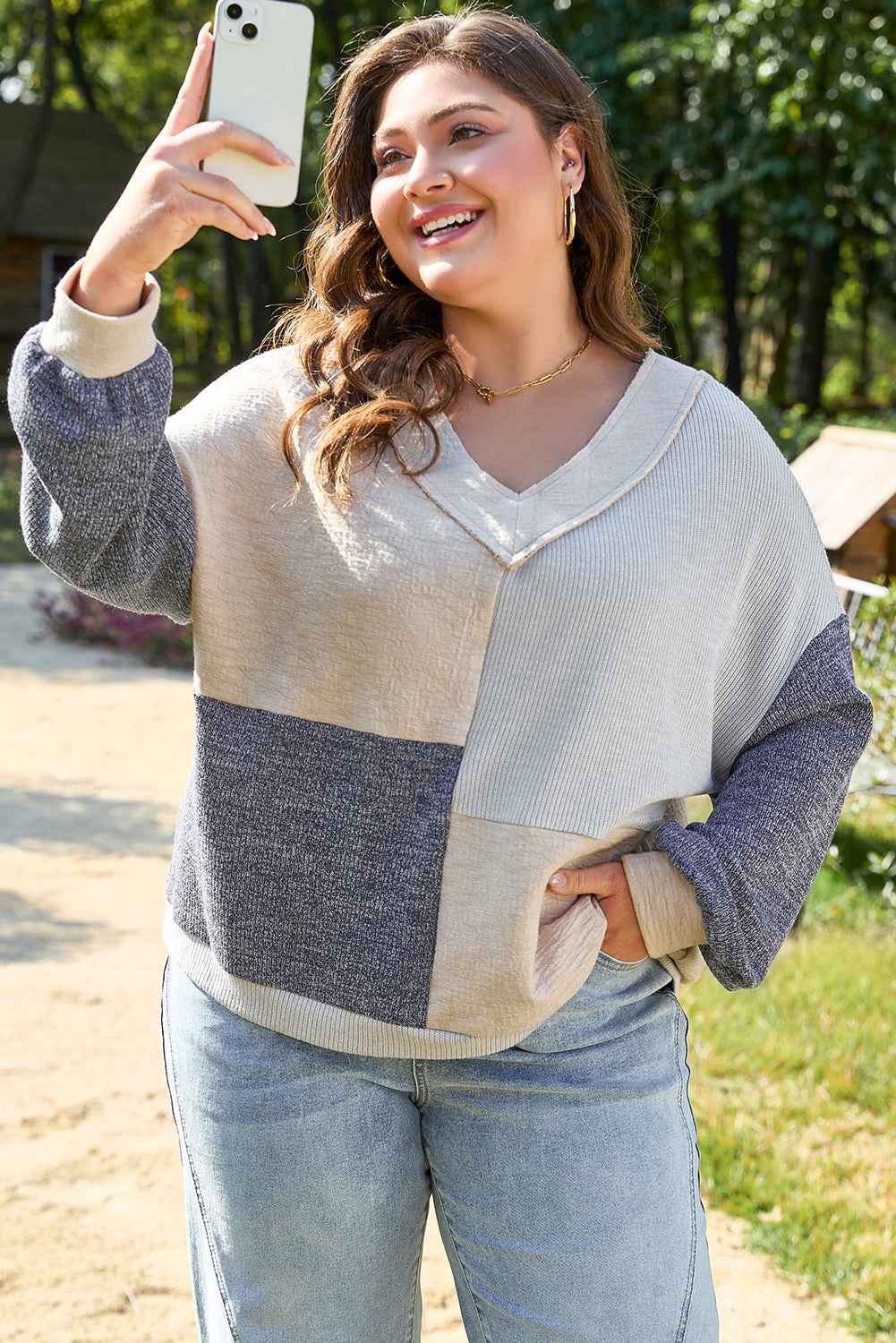 Elaina Plus Size Textured V Neck Top
