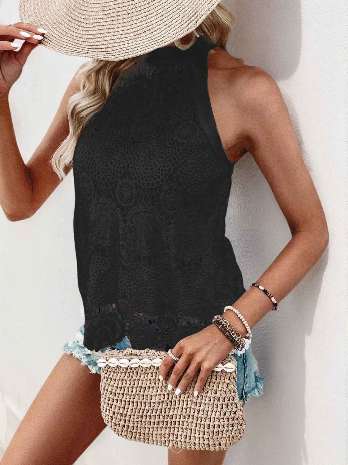 Lace Grecian Neck Tie Back Top