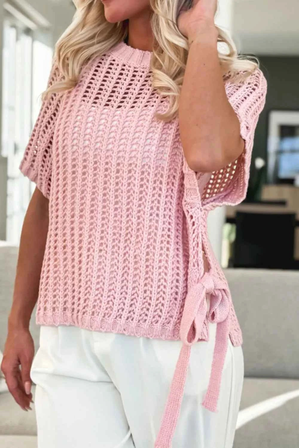 Hollow-out Crochet Side Tied Short Sleeve Knit Cover Up