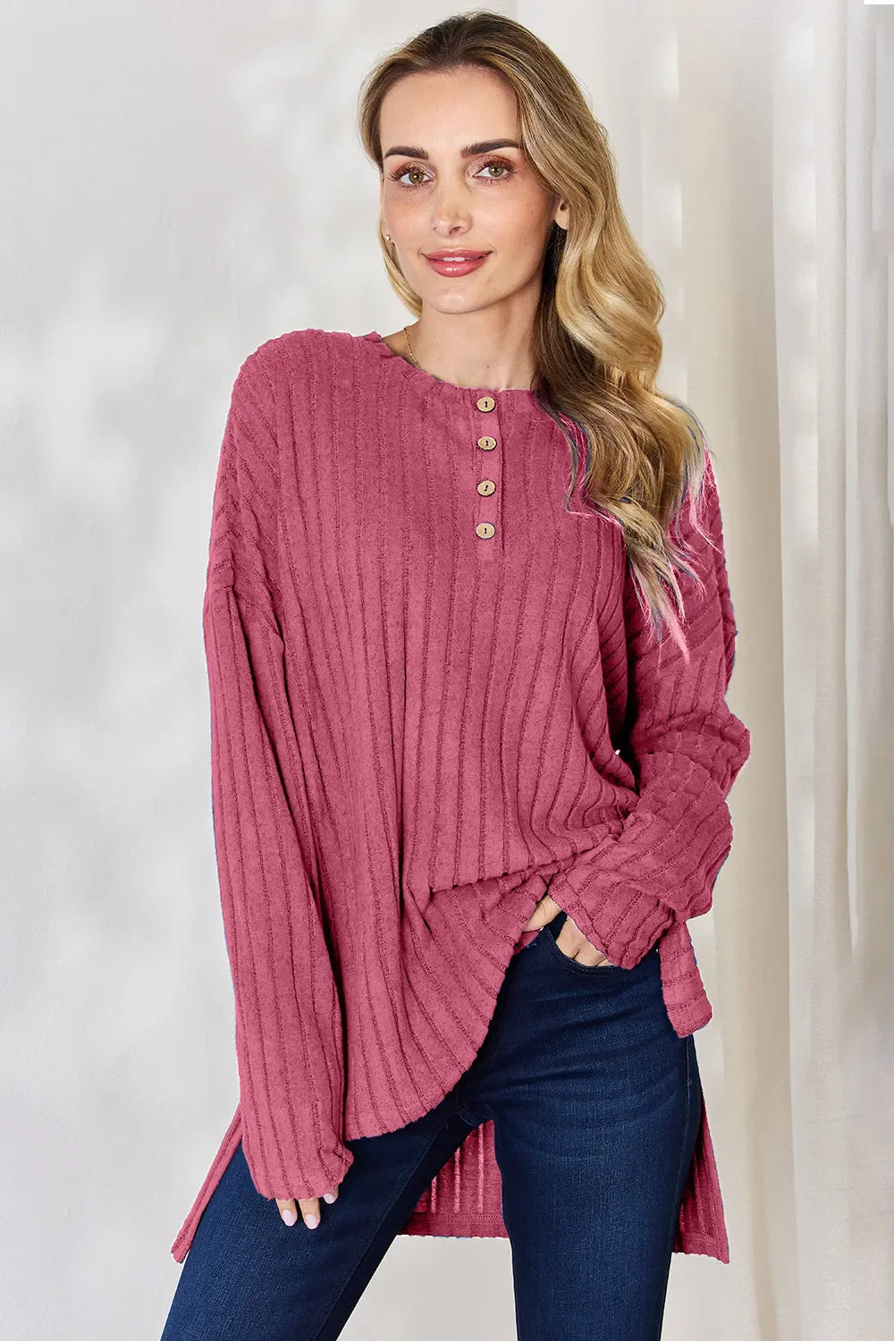 Basic Bae Full Size Ribbed Half Button Long Sleeve High-Low Women's T-Shirt - The Eggy's store
