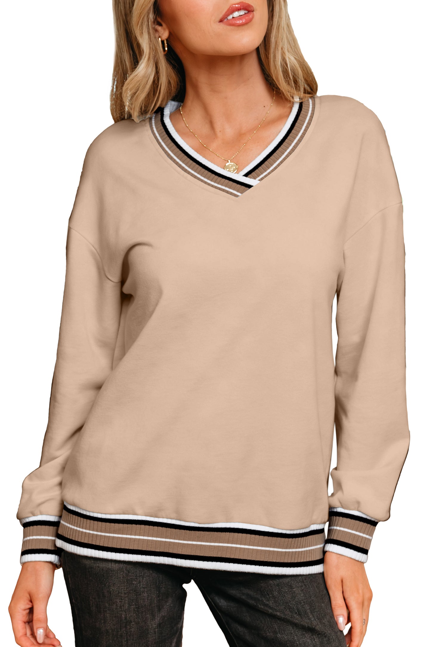 Navy Blue Varsity Contrast Striped Trim V Neck Women's Sweatshirt
