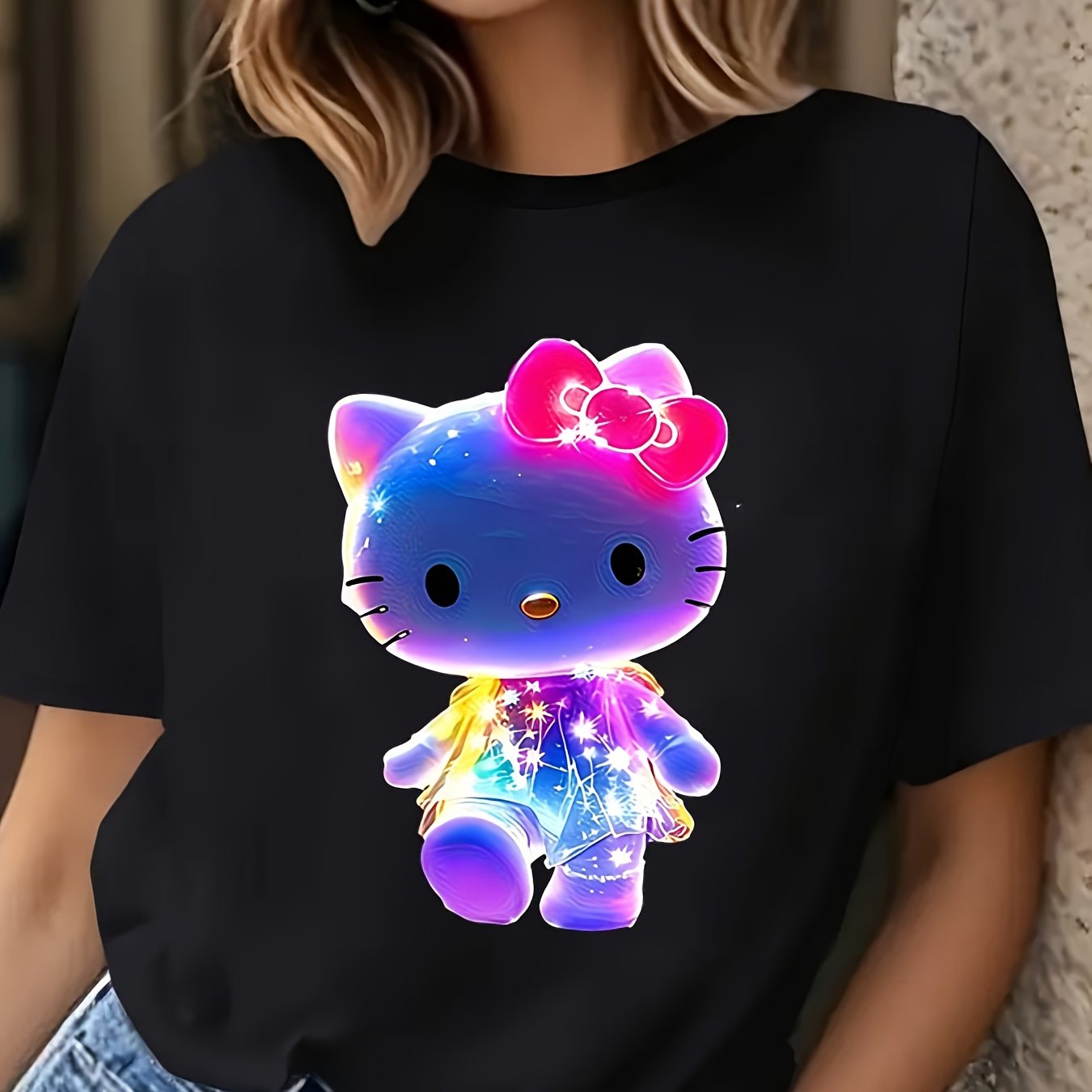 Cute Hello Kitty Neon Glow Graphic Women's T-shirt