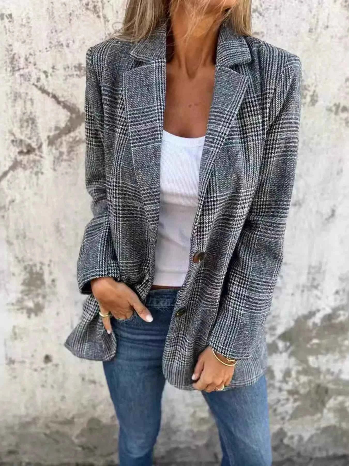 Full Size Plaid Single-Breasted Long Sleeve Blazer Plus Size