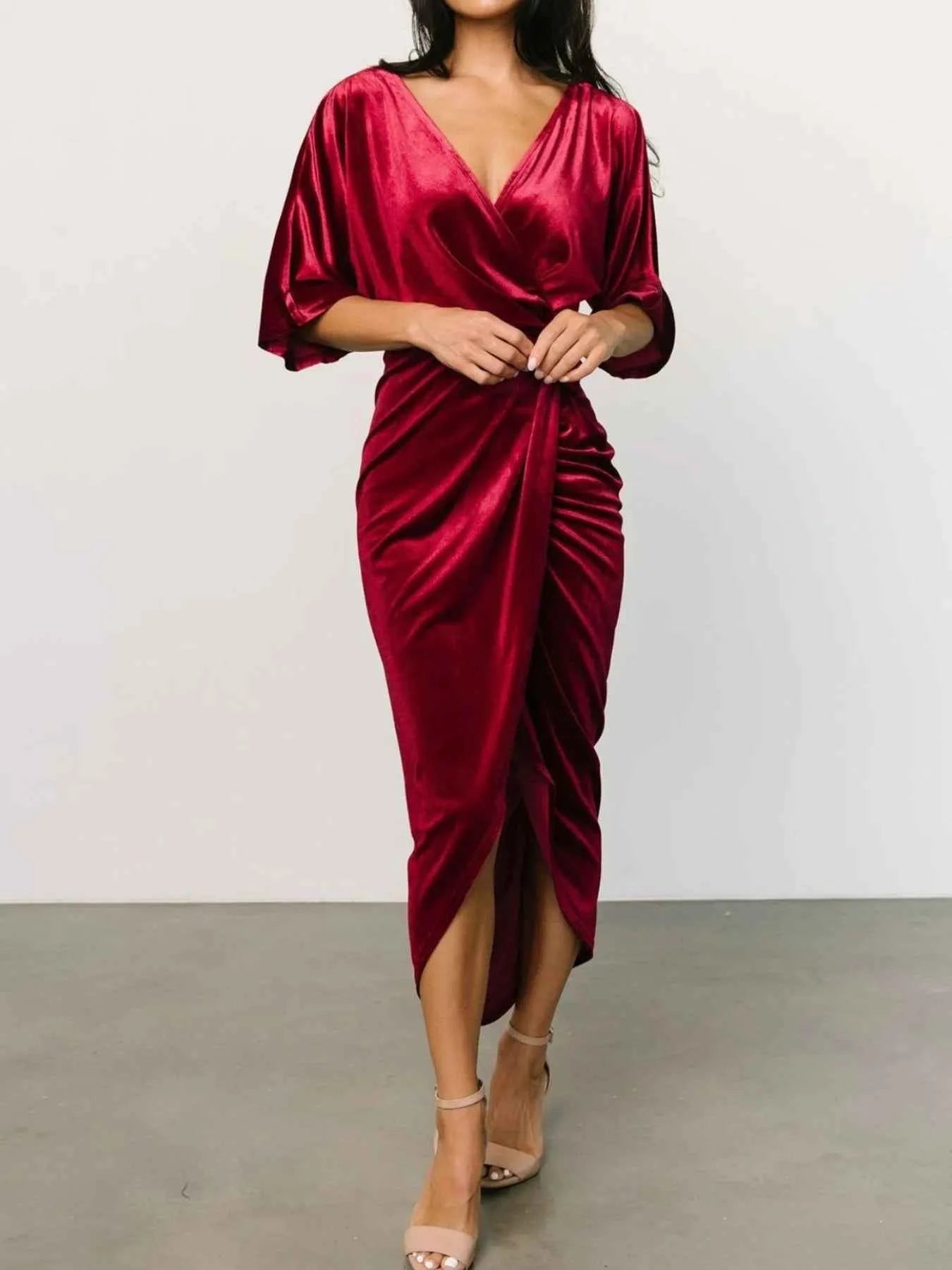 Ruched Surplice Half Sleeve Dress