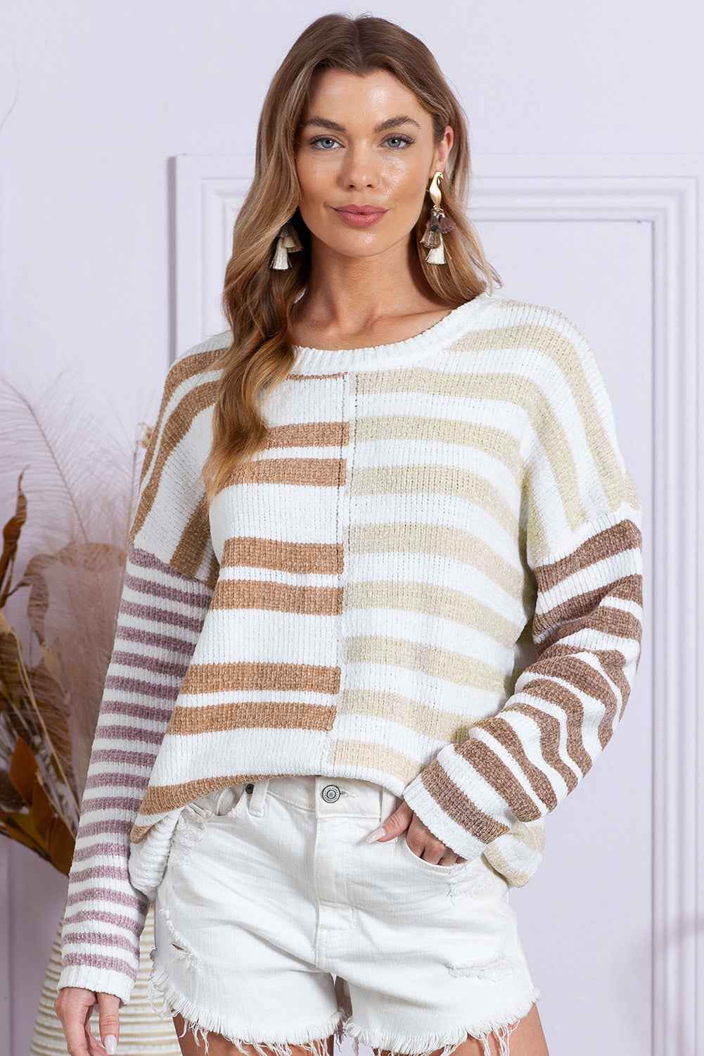Color Block Drop Shoulder Pullover Striped Sweater Women's Top - The Eggy's store